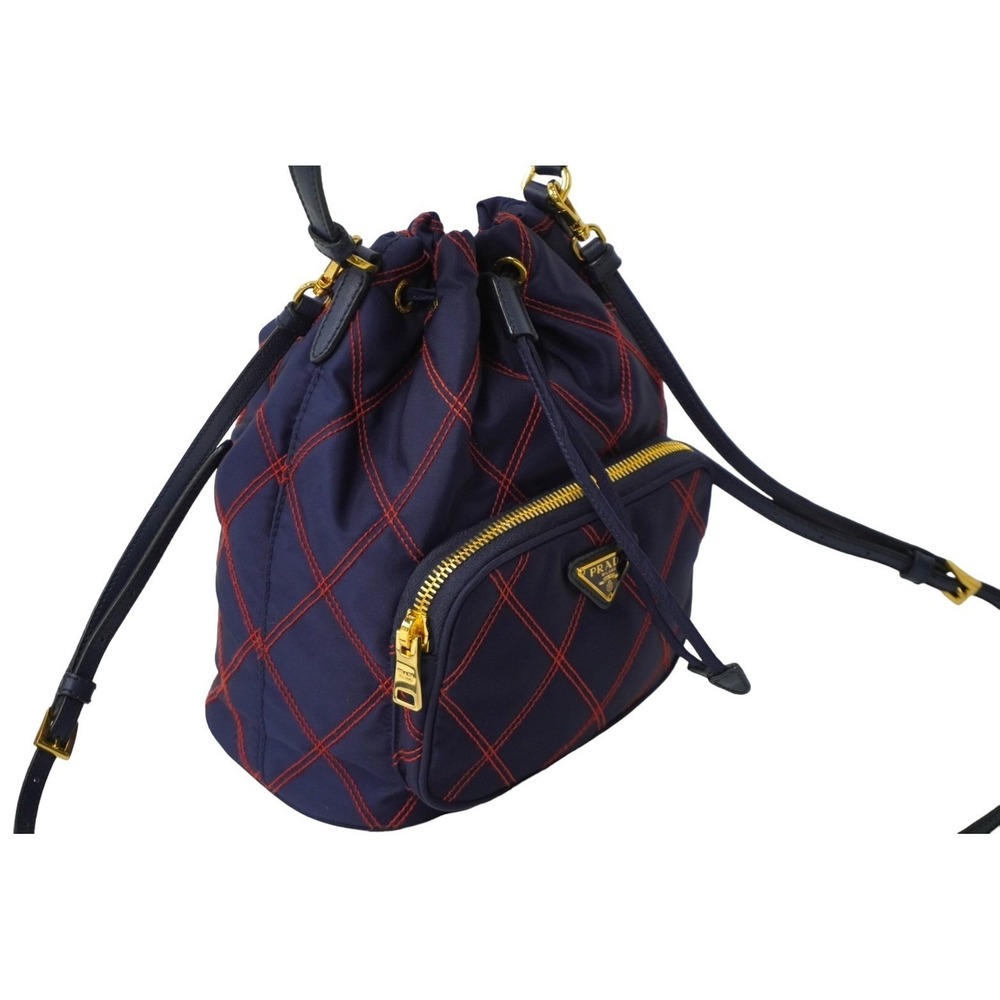 PRADA handbag triangle logo Navy Blue red color stitching drawstring closure - Picture 4 of 10